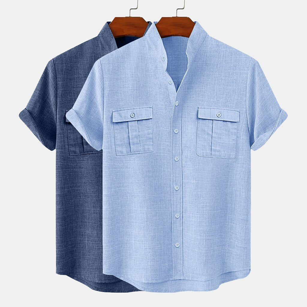 2-Pack Band Collar Linen Shirts