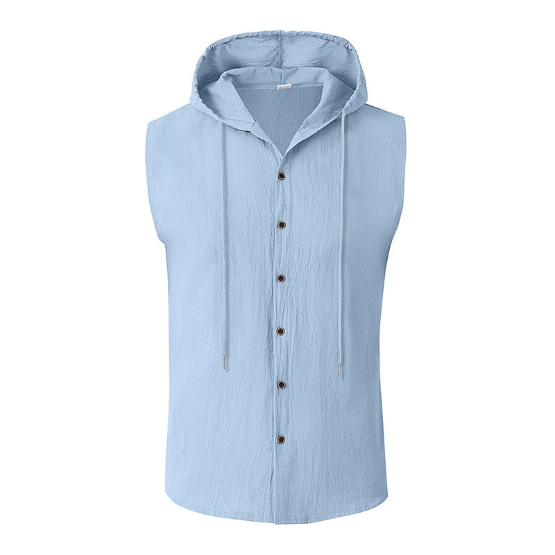 Hooded Sleeveless Cotton Linen Shirt - Light & Comfortable