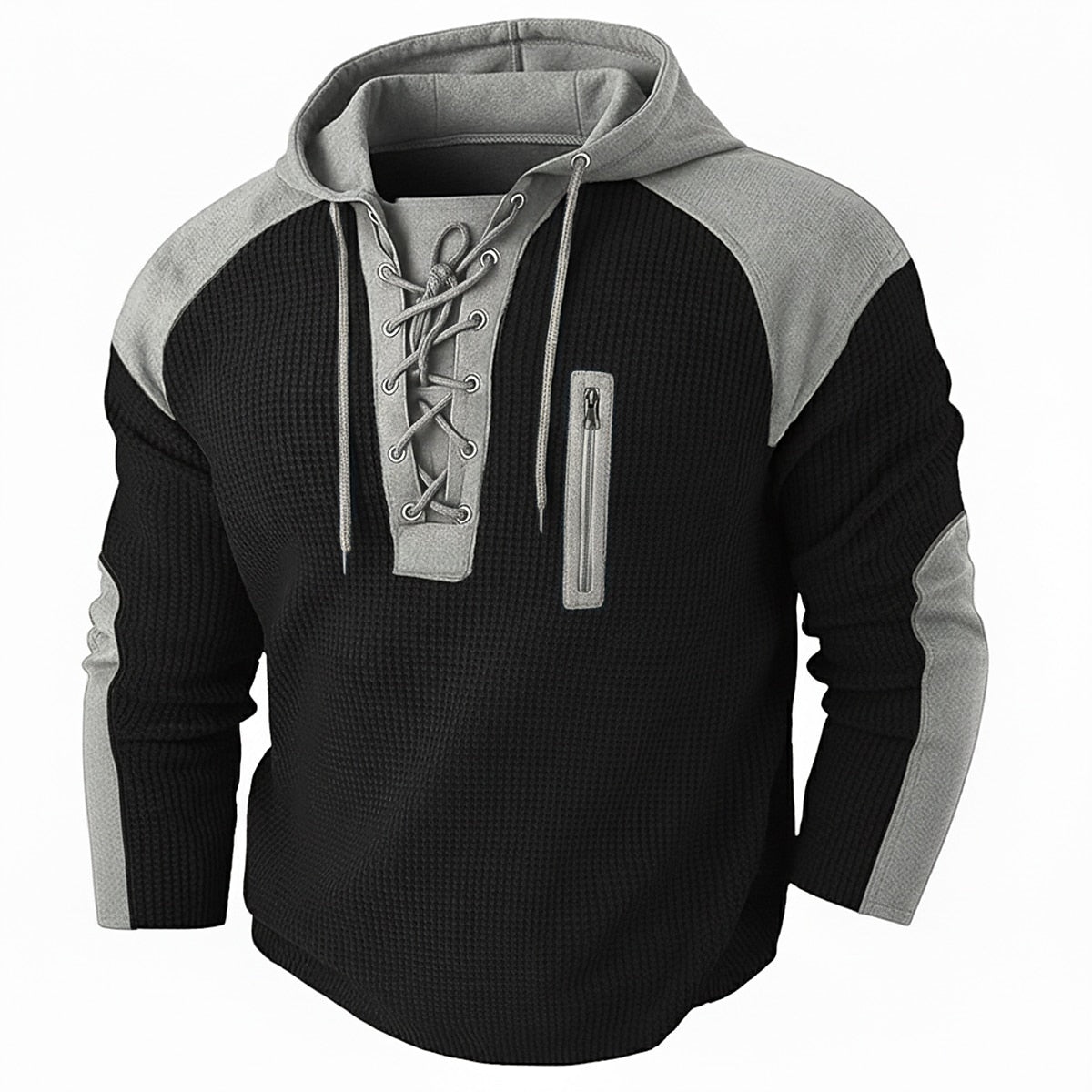 Lace Up Neck Hooded Waffle Henley Shirts