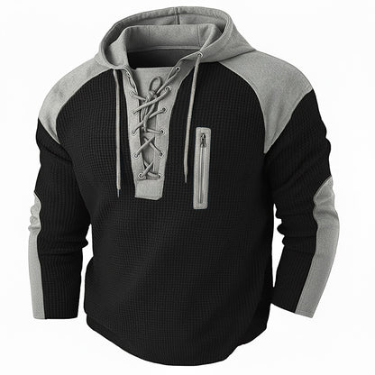 Lace Up Neck Hooded Waffle Henley Shirts