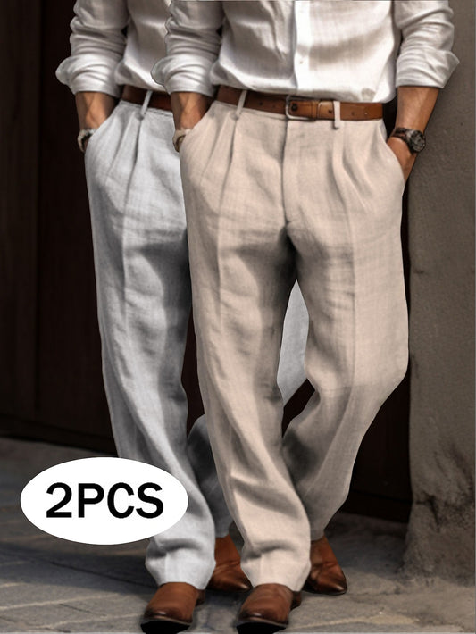 Men's Linen Dress Pants - Pleated Pants Straight Leg for Summer Comfort