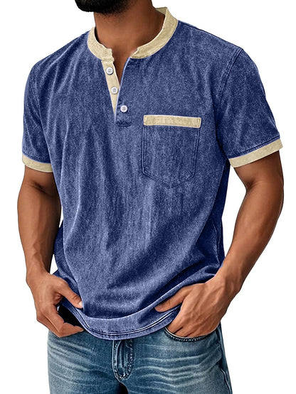 Retro 100% Cotton Acid Wash Henley T-shirt