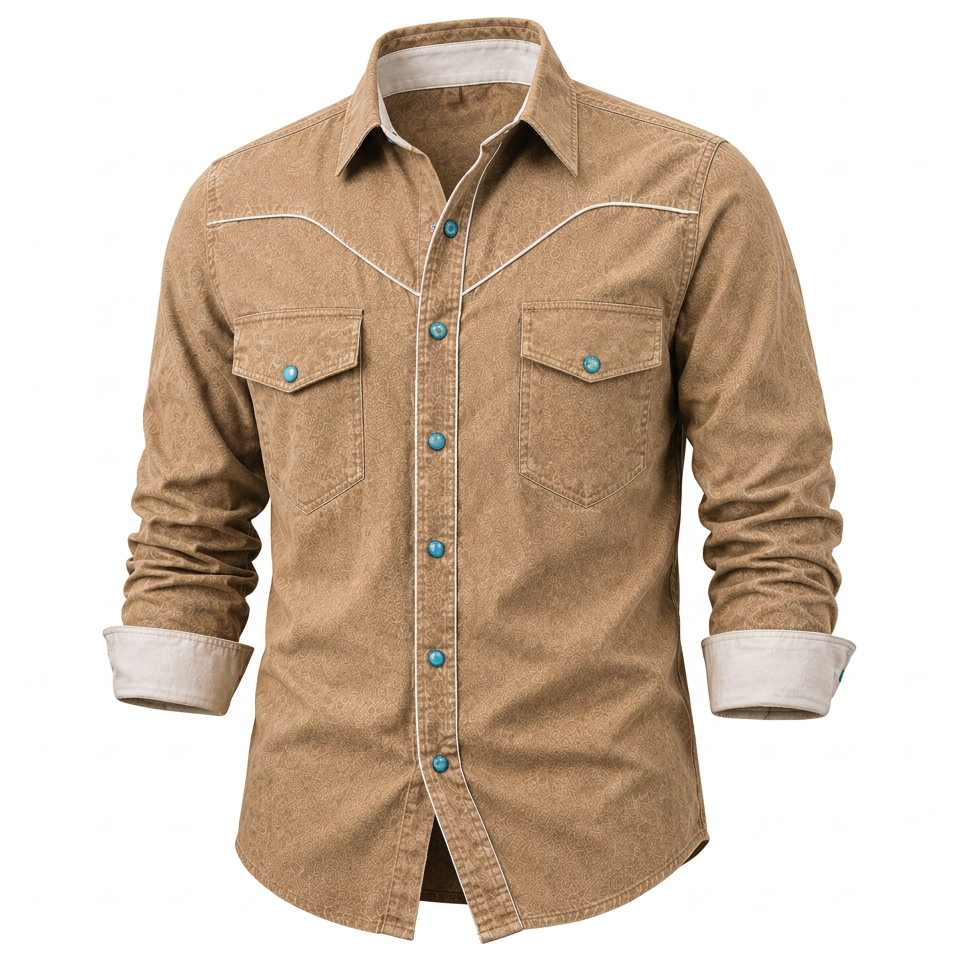 A men's long-sleeve western-style button-up shirt in tan brown corduroy or textured fabric, featuring white contrast stitching, two chest pockets, and turquoise buttons, shown on a plain white background.