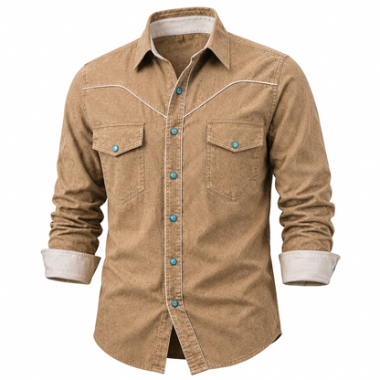 A men's long-sleeve western-style button-up shirt in tan brown corduroy or textured fabric, featuring white contrast stitching, two chest pockets, and turquoise buttons, shown on a plain white background.