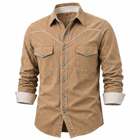 A men's long-sleeve western-style button-up shirt in tan brown corduroy or textured fabric, featuring white contrast stitching, two chest pockets, and turquoise buttons, shown on a plain white background.