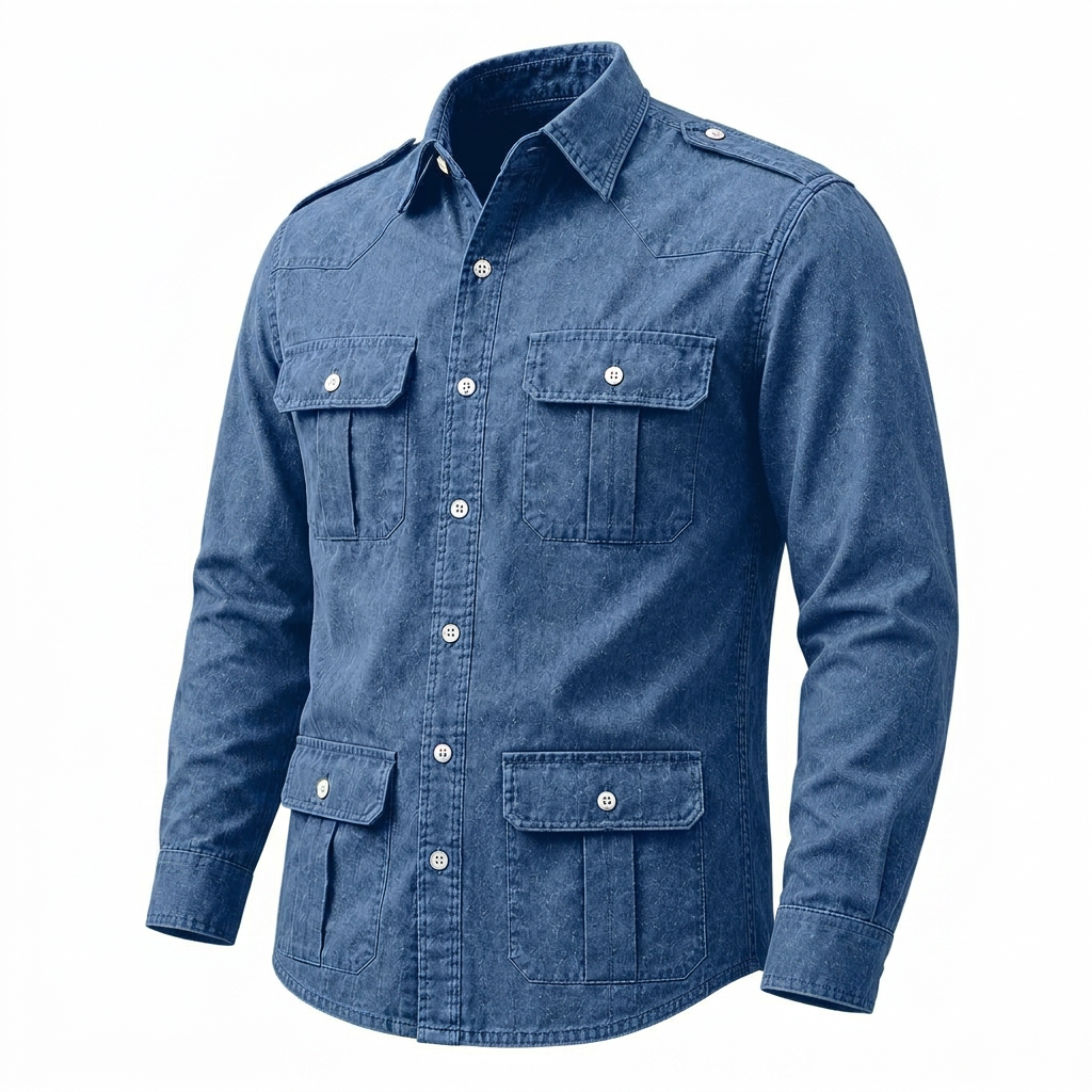 A men's long-sleeve button-up shirt in medium blue denim or chambray fabric, featuring four front flap pockets and silver snap buttons, shown on a plain white background.