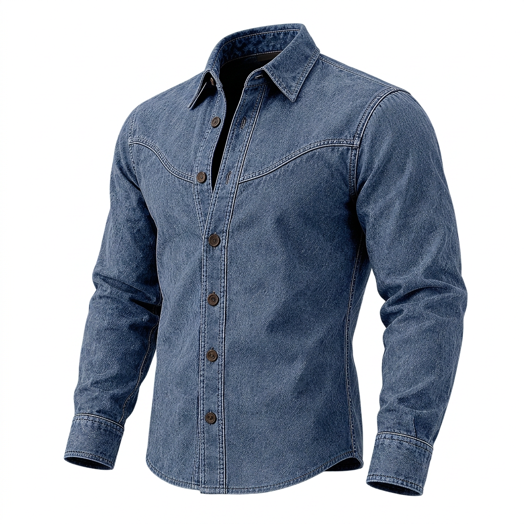 A men's long-sleeve denim shirt in a medium blue wash, featuring a pointed collar, dark brown buttons, and contrast stitching, shown on a white background.