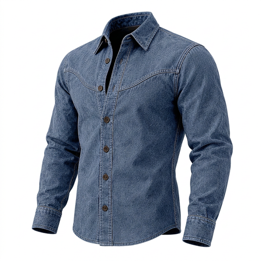 A men's long-sleeve denim shirt in a medium blue wash, featuring a pointed collar, dark brown buttons, and contrast stitching, shown on a white background.
