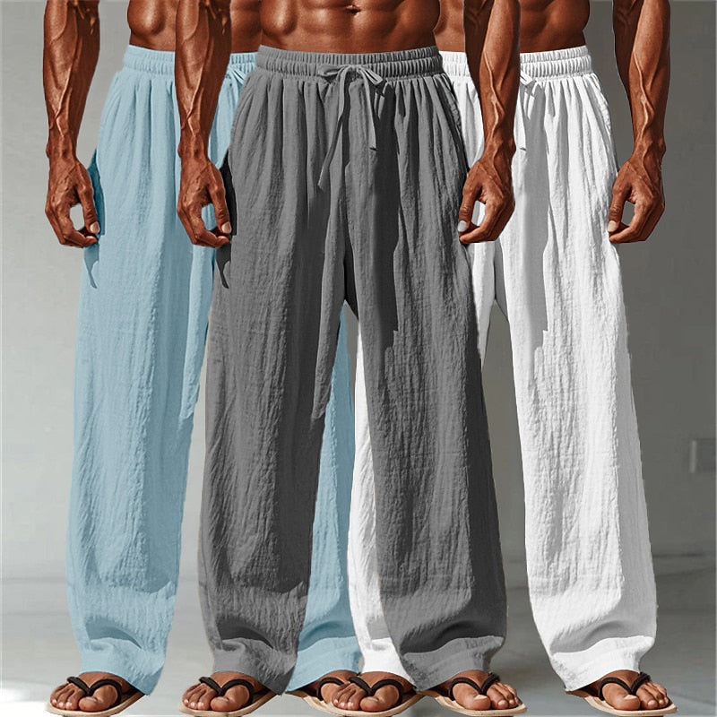 3PCS Cotton Linen Pants - Baggy Drawstring Casual Pants