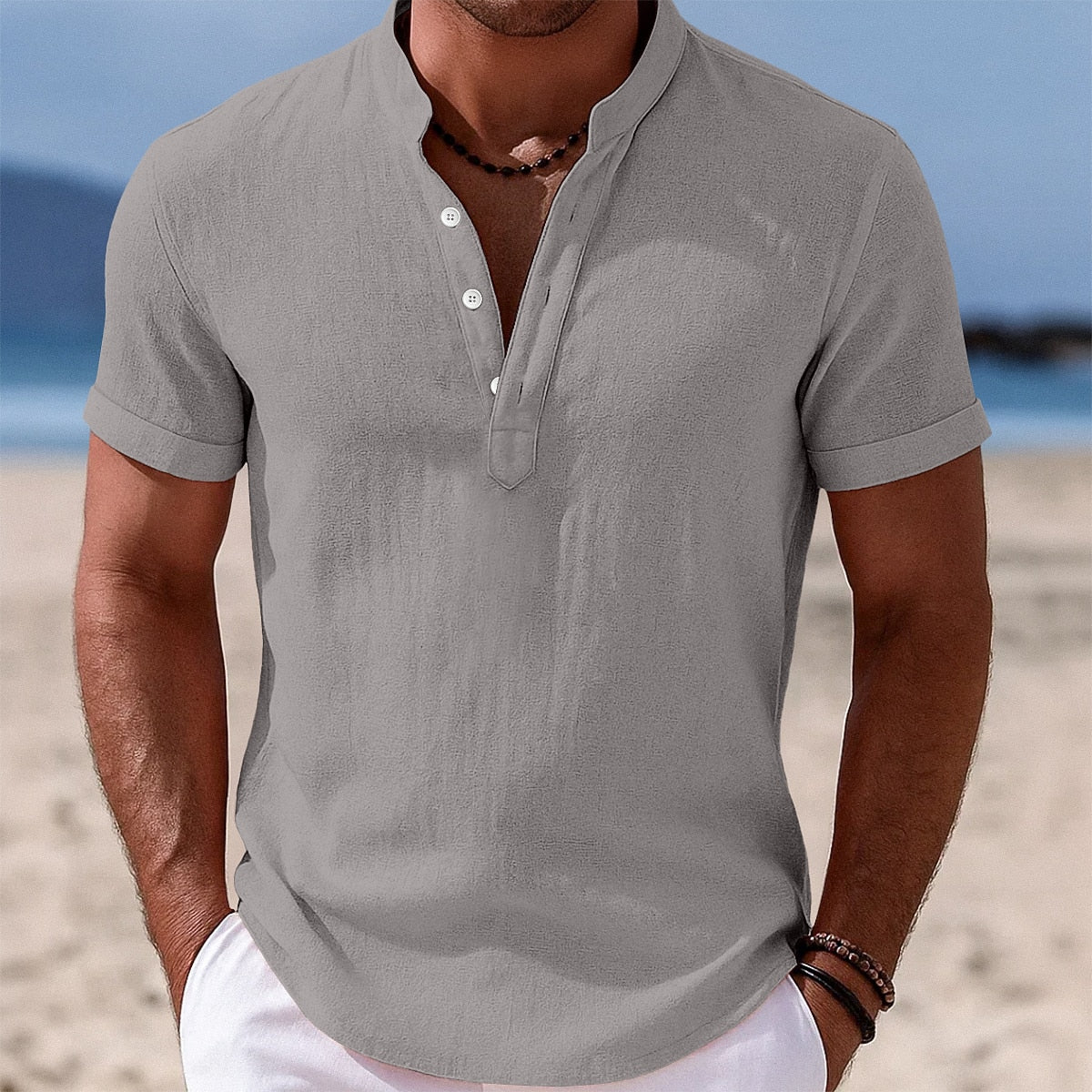 Cotton Linen Shirt with Band Collar Design