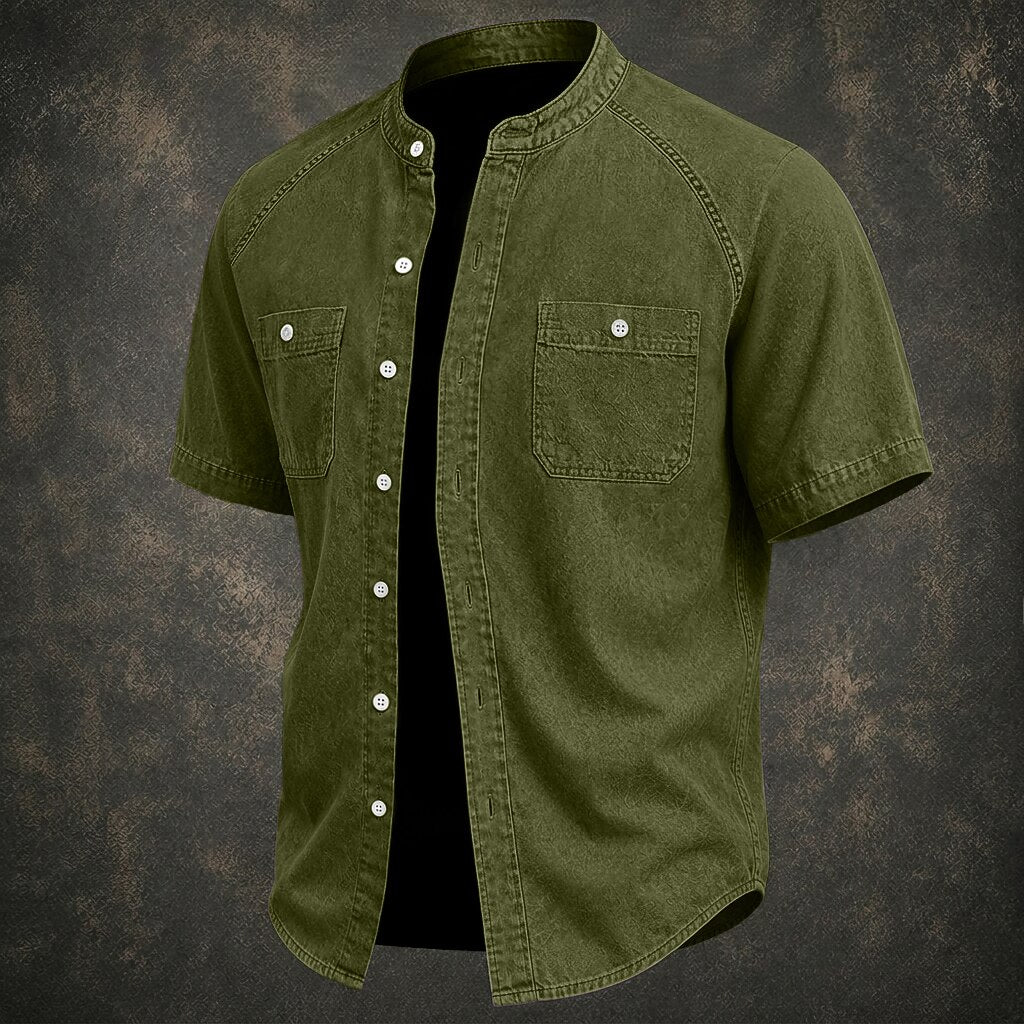 Washed Cotton Grandad Collar Shirt