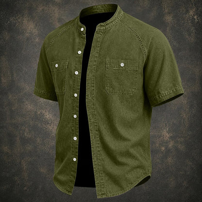 Washed Cotton Grandad Collar Shirt