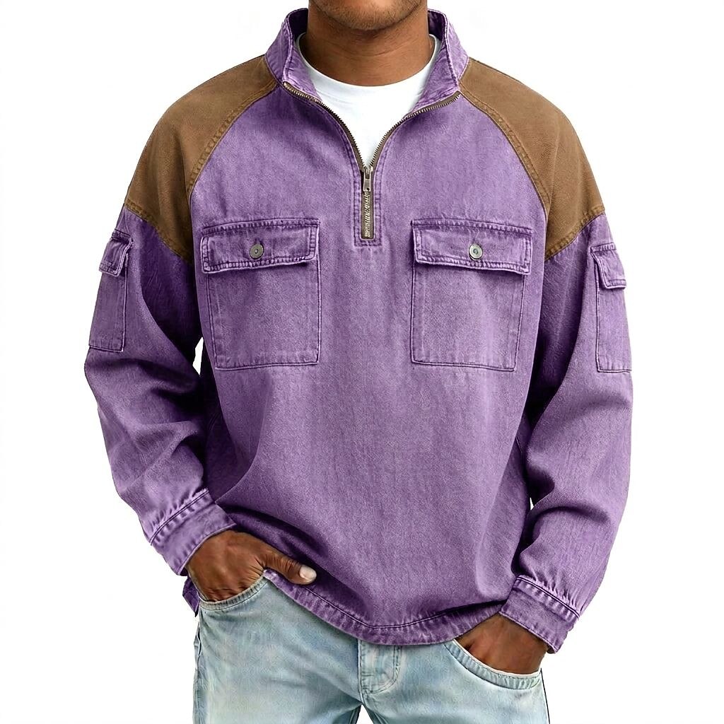 Broken-in Cotton Colorblock Zipped Henley Shirt