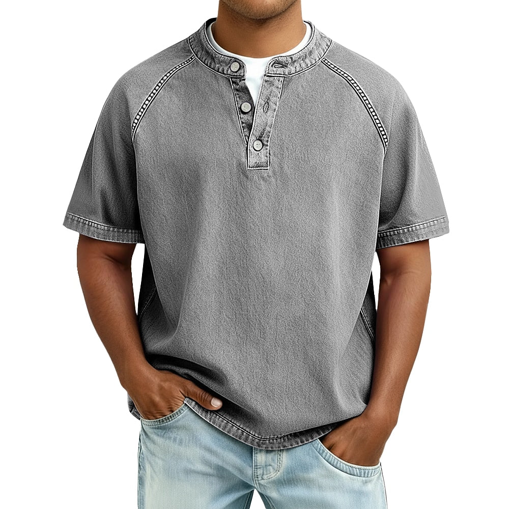 Lightweight Henley Shirt-Acid Wash Vintage Casual Top for Men