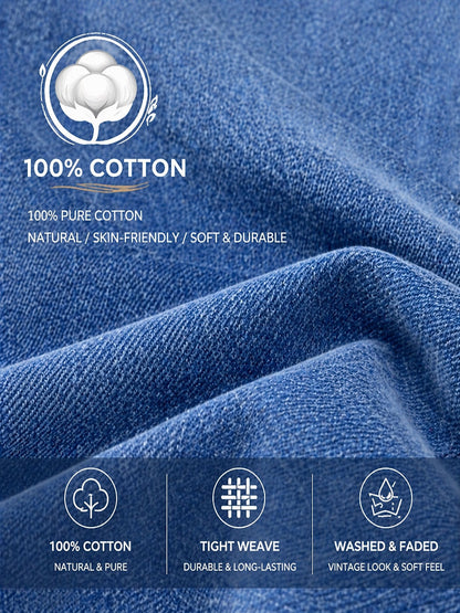 Close-up of blue 100% cotton fabric from LoomBasics highlighting tight weave and soft feel.