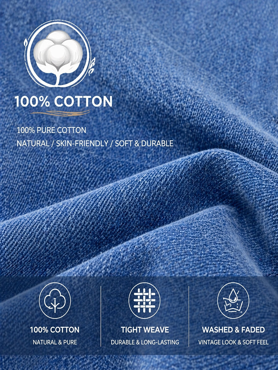 Close-up of blue 100% pure cotton fabric showing a soft, durable, and tight weave texture.