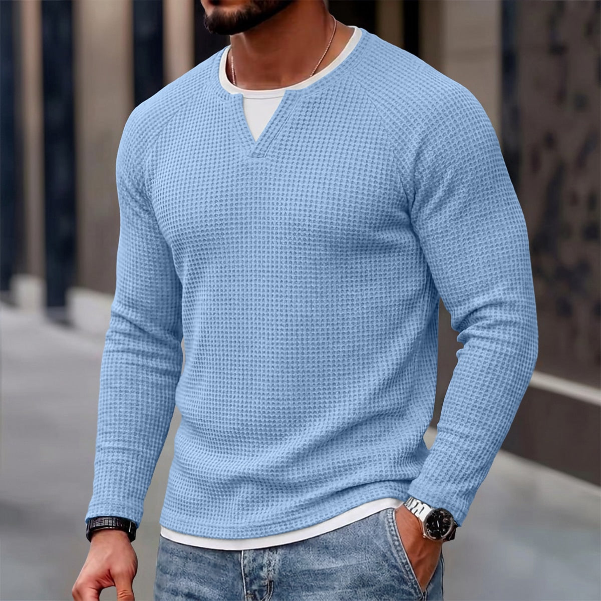 Colorblock V-neck Waffle Henley