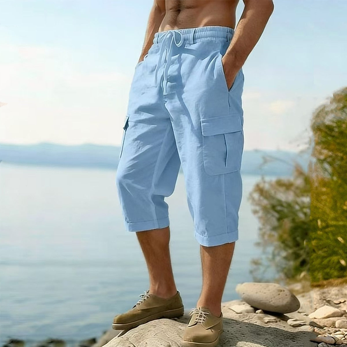 Men's Cotton Linen Shorts - Elastic Waist Multi Pockets