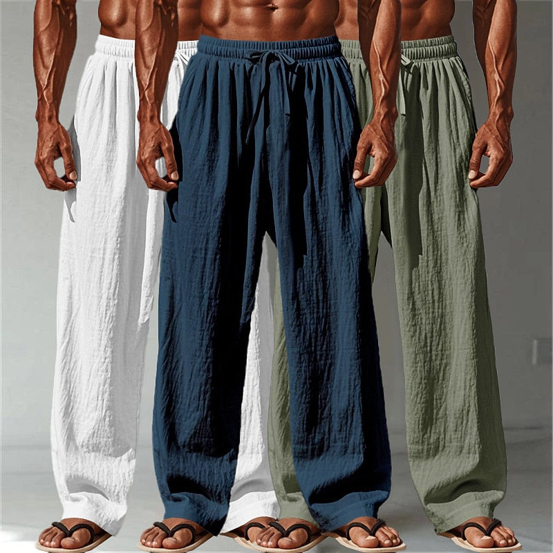 3PCS Cotton Linen Pants - Baggy Drawstring Casual Pants