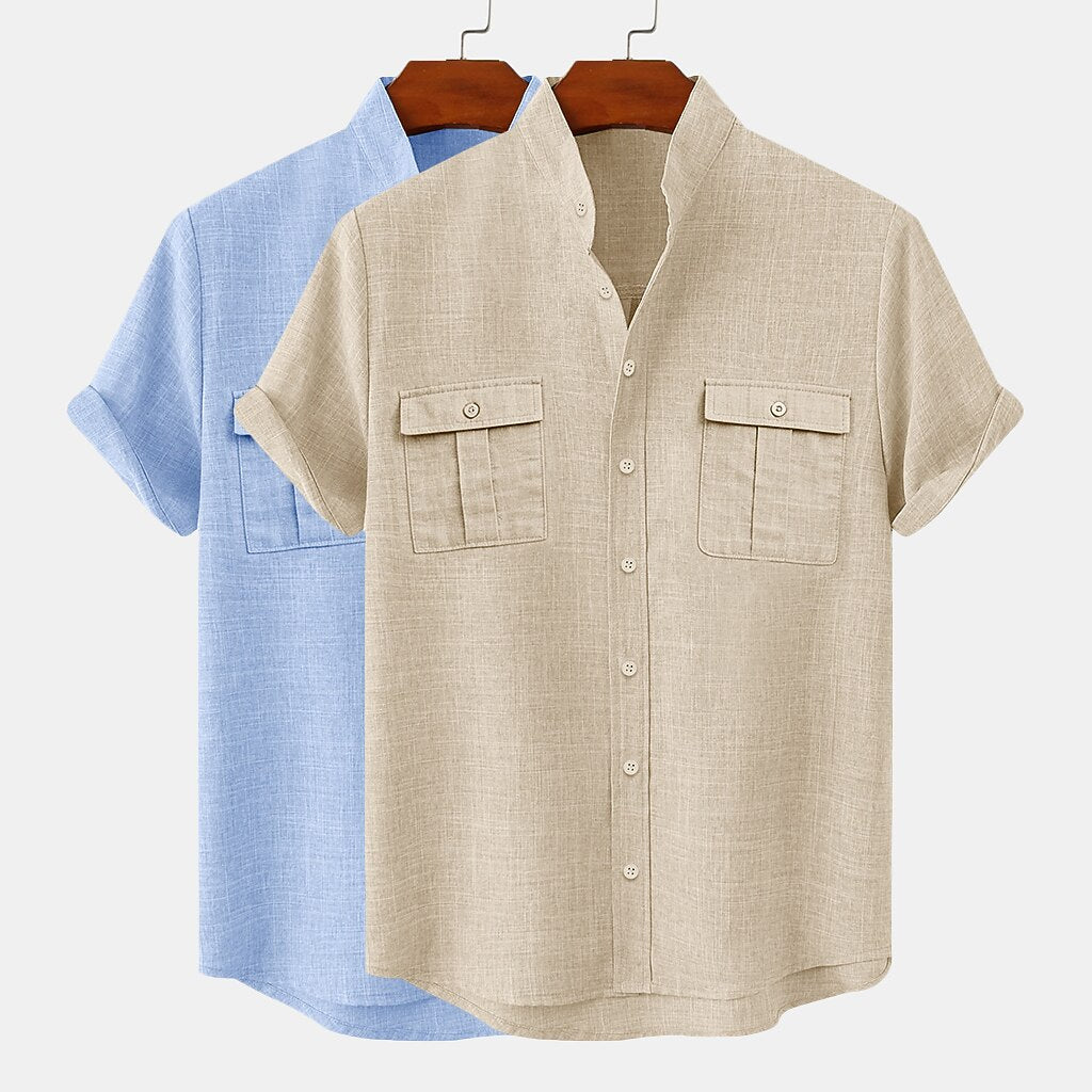 2-Pack Band Collar Linen Shirts