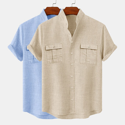 2-Pack Band Collar Linen Shirts