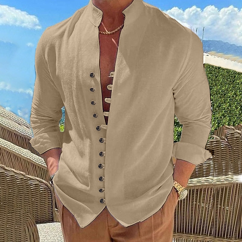 Men's Cotton Linen Shirt- Button-Up Band Collar