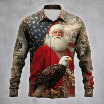 Christmas Santa Eagle Flag Button Shirt