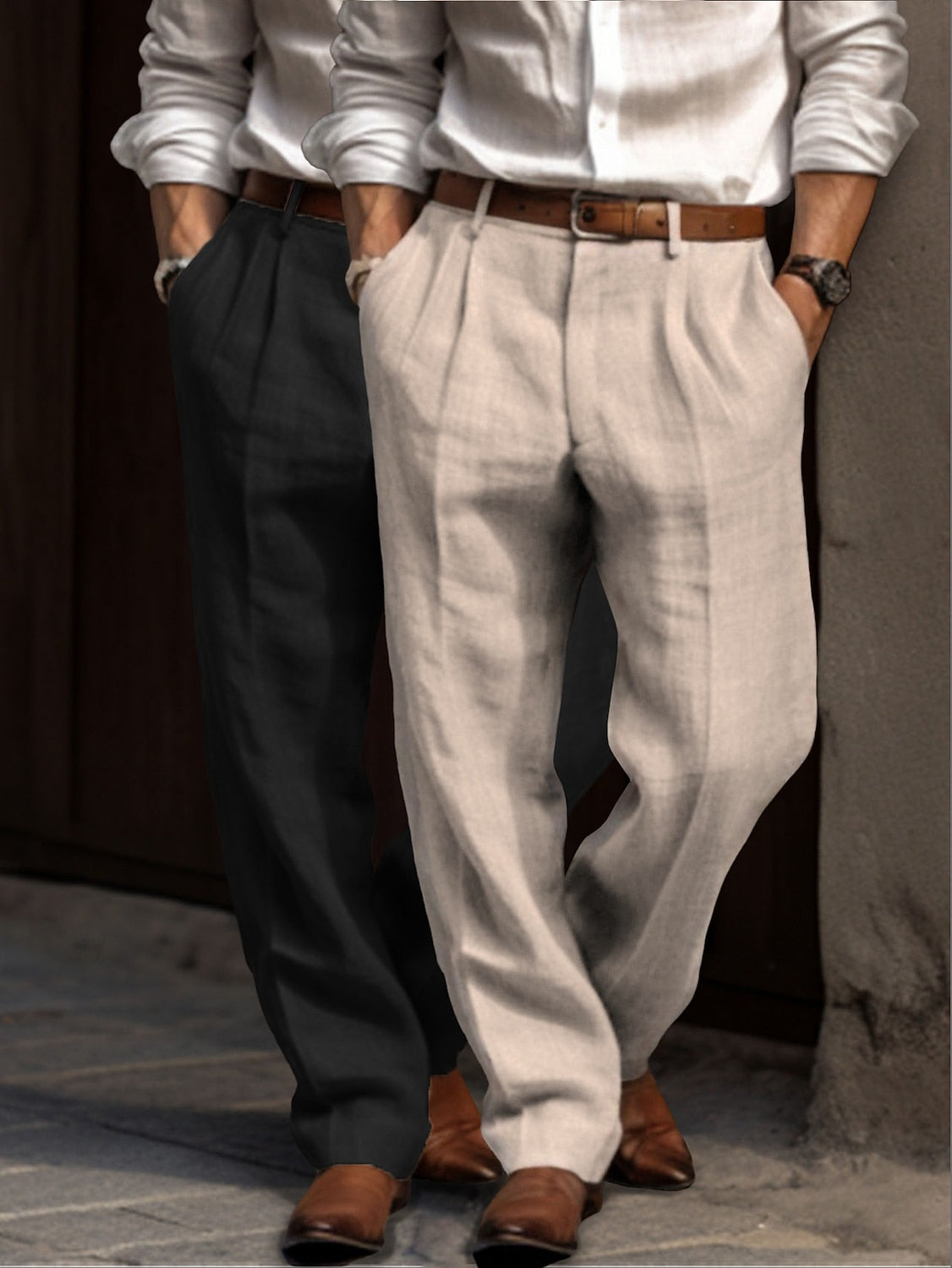Men's Linen Dress Pants - Pleated Pants Straight Leg for Summer Comfort