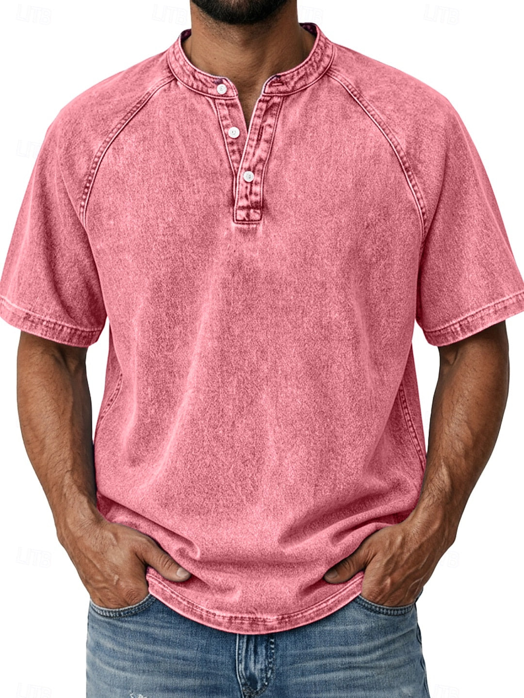 Men's Retro Henley Tee-100% Cotton, Vintage Washed Short Sleeve