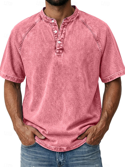 Men's Retro Henley Tee-100% Cotton, Vintage Washed Short Sleeve