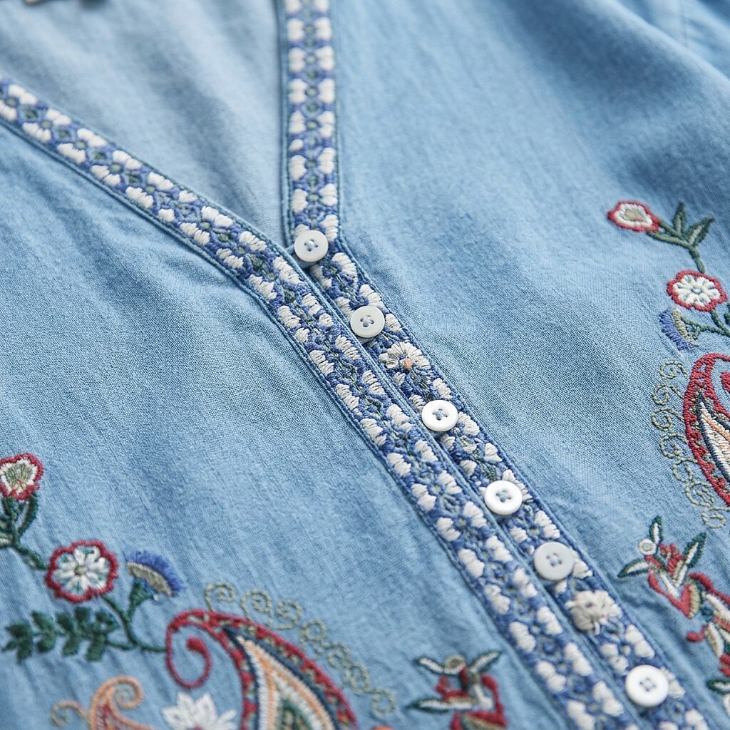 Close-up of LoomBasics embroidered boho 100% cotton blouse in light blue denim fabric