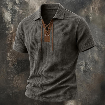 Vintage Lace-Up Collar Waffle Henley Shirt