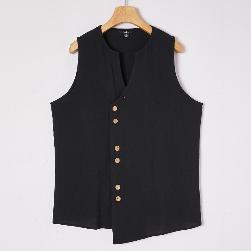 Men’s Sleeveless Linen Shirt - Mandarin Collar
