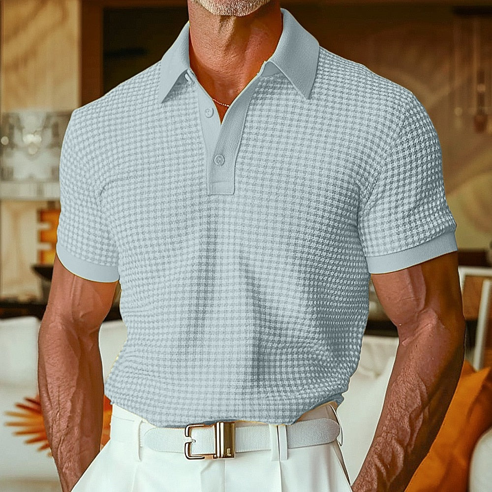Textured Waffle Polo-Soft Summer Lapel Collar Shirt