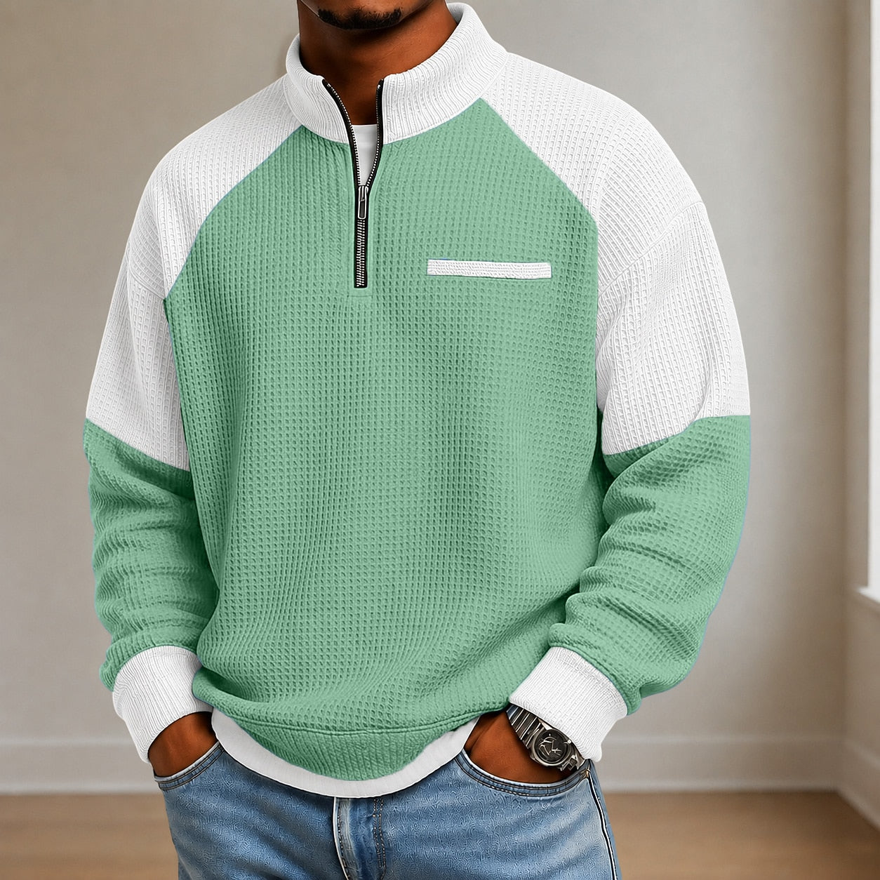 Textured Colorblock Banded Collar Waffle Polo
