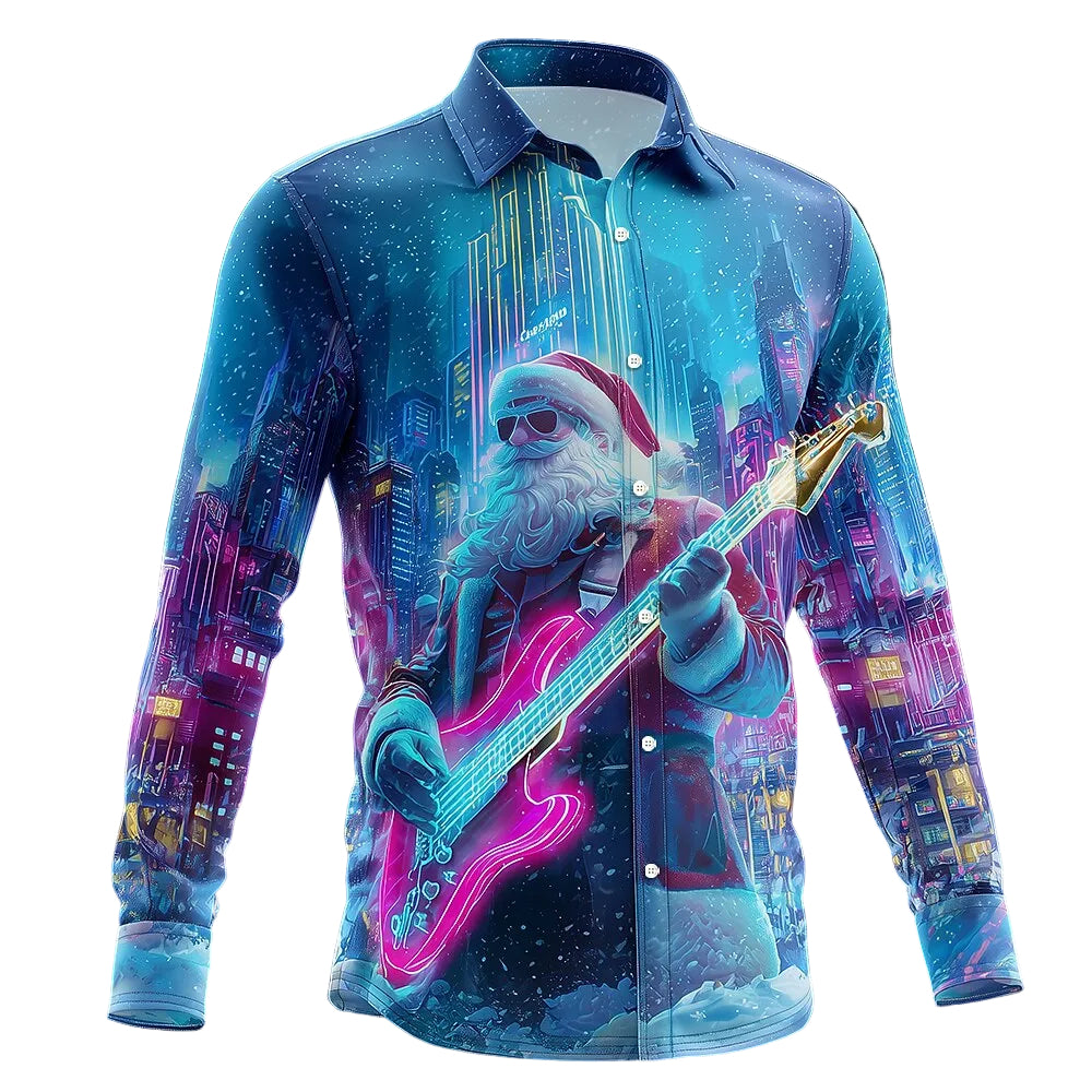 Christmas Santa Neon Guitar Button Shirt