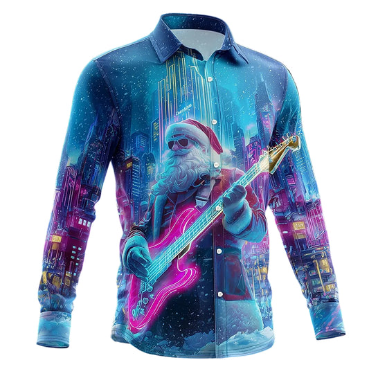 Christmas Santa Neon Guitar Button Shirt