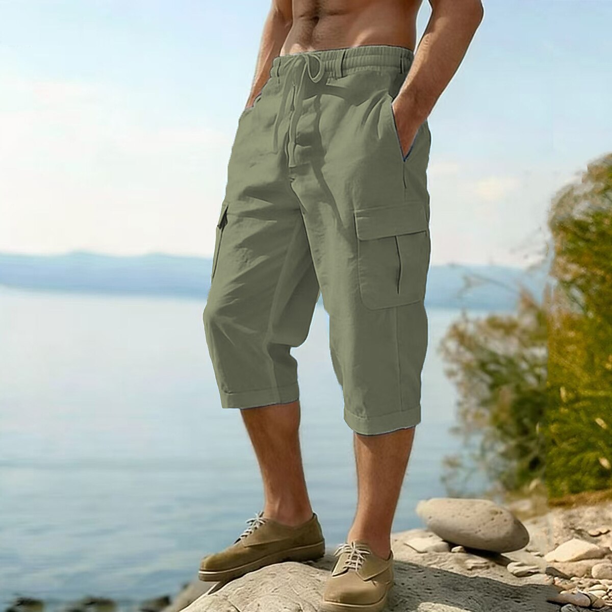 Men's Cotton Linen Shorts - Elastic Waist Multi Pockets