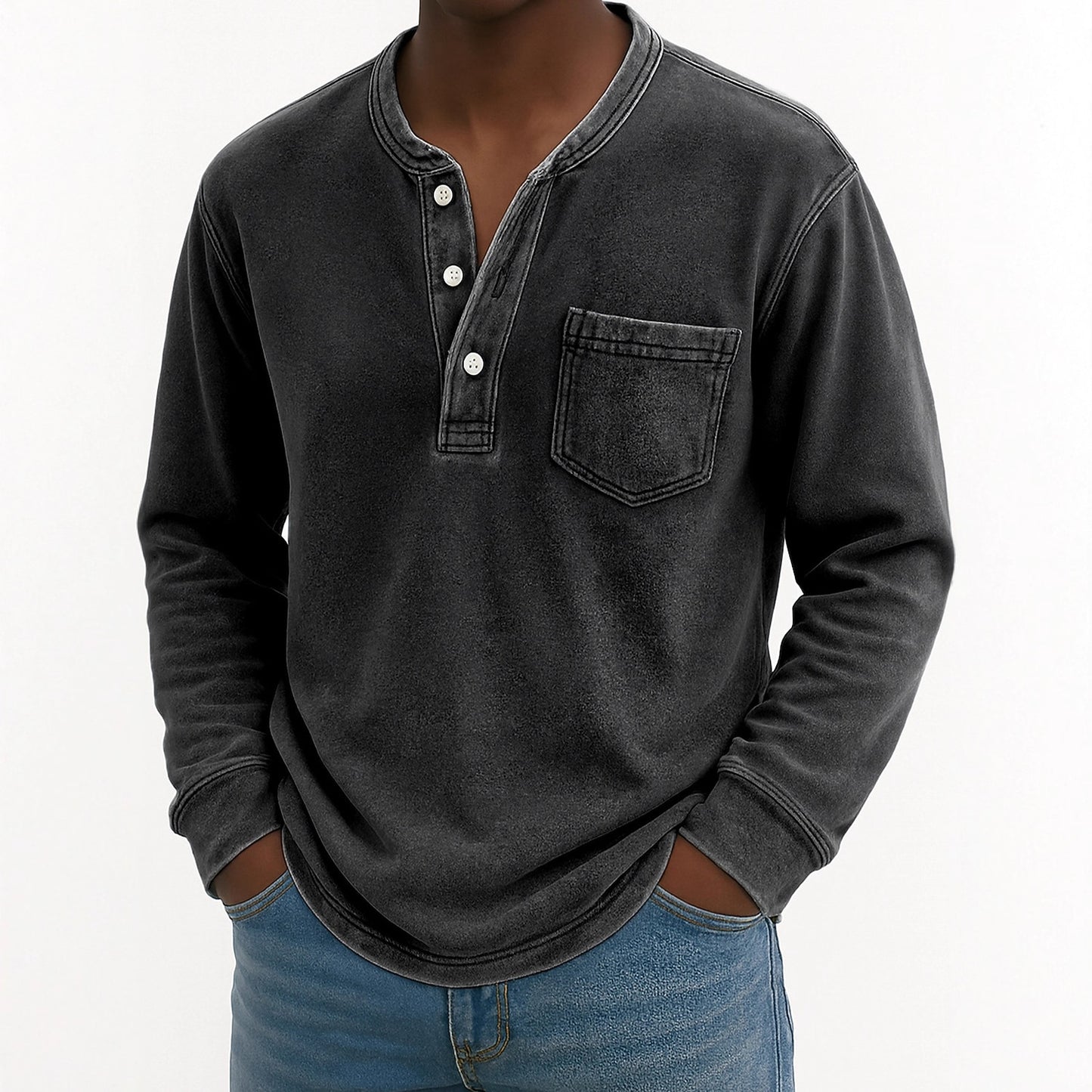 100% Cotton Henley T-Shirt-Vintage Washed Look