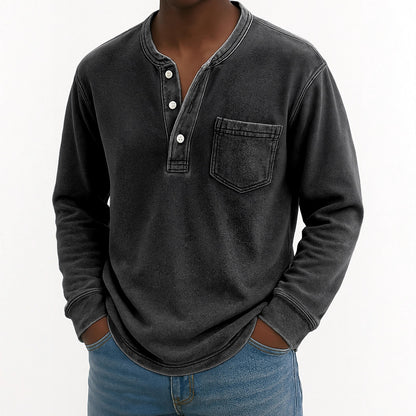 100% Cotton Henley T-Shirt-Vintage Washed Look