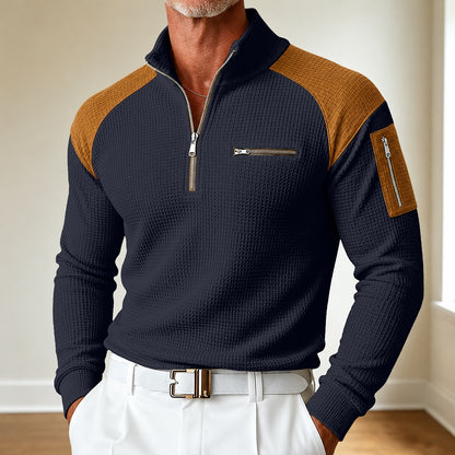 Quarter Zipped Colorblock Waffle Henley