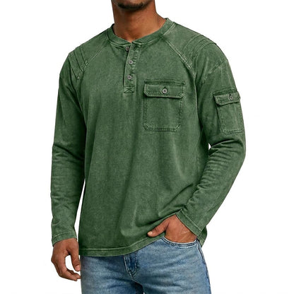 Vintage Stand Collar Washed Cotton Henley