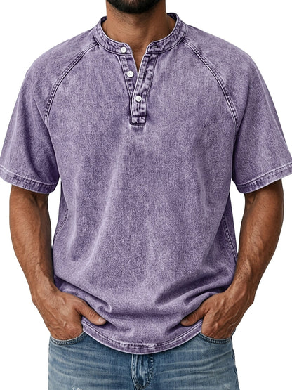 Men's Retro Henley Tee-100% Cotton, Vintage Washed Short Sleeve