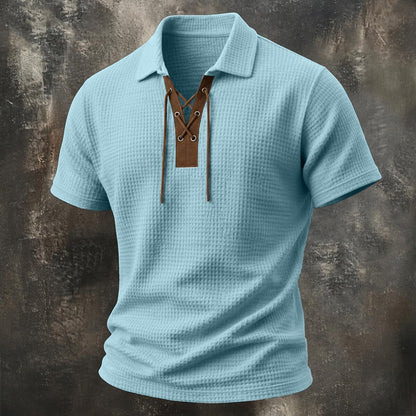 Vintage Lace-Up Collar Waffle Henley Shirt