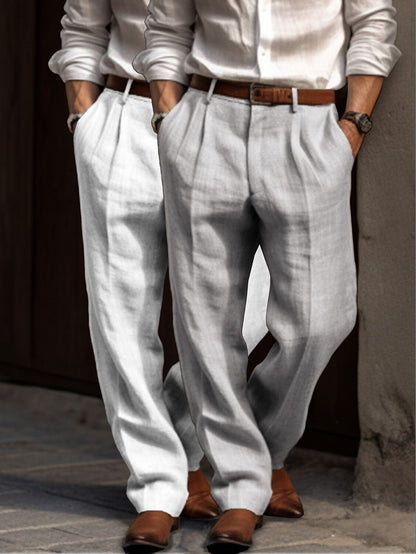 Men's Linen Dress Pants - Pleated Pants Straight Leg for Summer Comfort