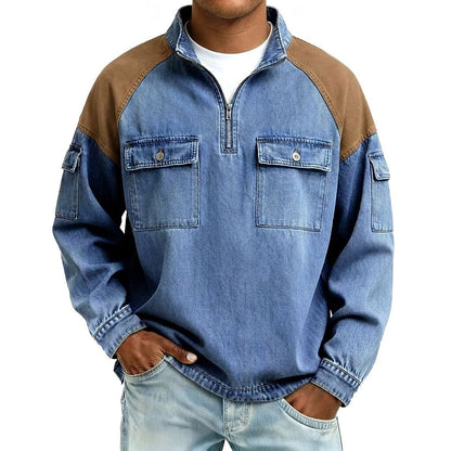 Broken-in Cotton Colorblock Zipped Henley Shirt