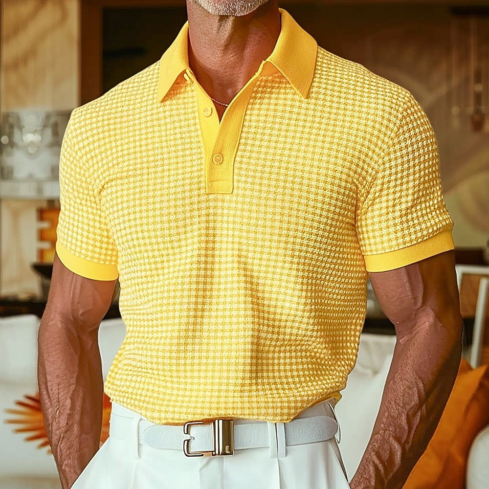 Textured Waffle Polo-Soft Summer Lapel Collar Shirt