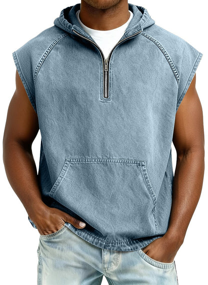 Men's Acid Washed Cotton Tank Top -Sleeveless Hooded Zip Top