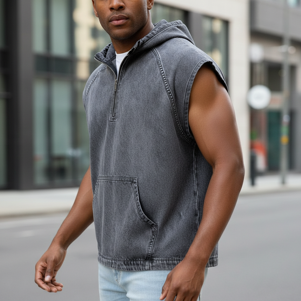 Men's Acid Washed Cotton Tank Top -Sleeveless Hooded Zip Top