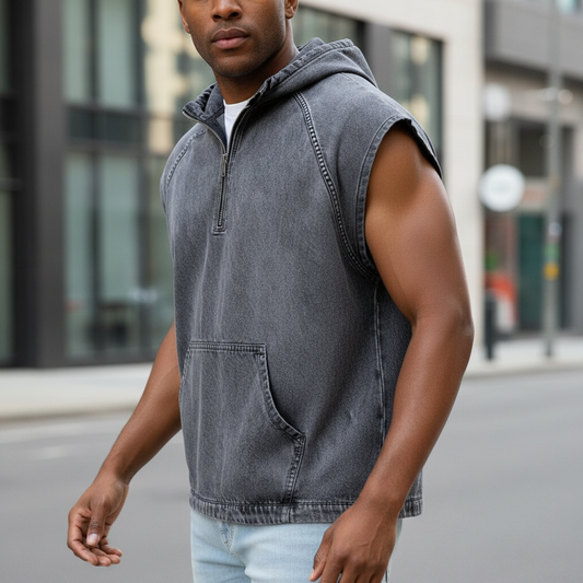 Men's Acid Washed Cotton Tank Top -Sleeveless Hooded Zip Top